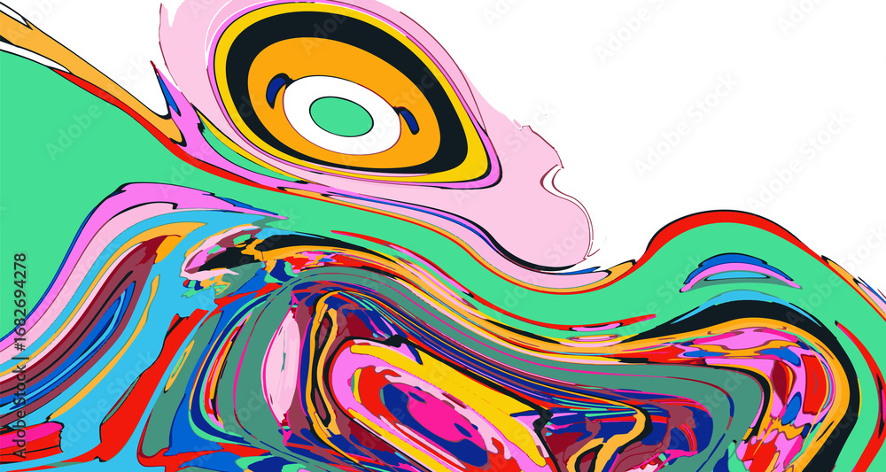 Poster abstract psychedelic brutalism wave blob striped motion curves composition morphing amoeba fluid sha