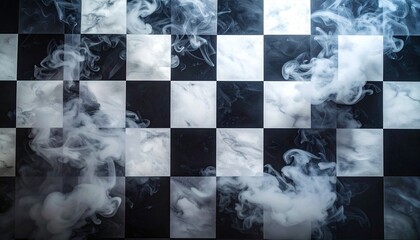 Dark smoky checkered floor with marble texture and atmospheric mist