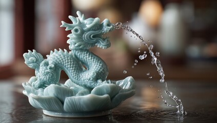 Obraz premium Ceramic dragon fountain, teal-blue, water spray