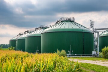 Large green biogas storage tanks are lined up in an agricultural area, with vibrant fields in the foreground and a cloudy sky overhead. The setting highlights renewable energy efforts in farming