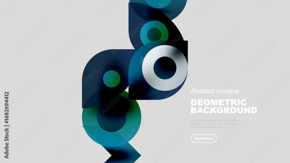 Poster abstract geometric shapes overlap, creating dynamic teal, blue composition. minimalist design with t