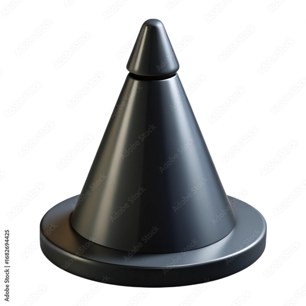 Poster isolated realistic 3d render of a metallic geometric shape with conical top on a black background