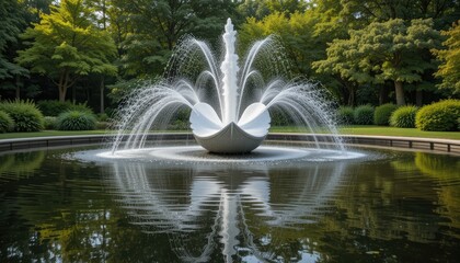 Majestic Swan Fountain Erupts with Water in Lush Green Garden Oasis
