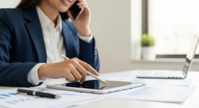 Young asian female professional working on tablet in office environment