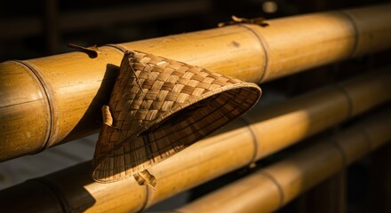 Straw conical hat placed on a bamboo fence. Simple, rustic, and rural