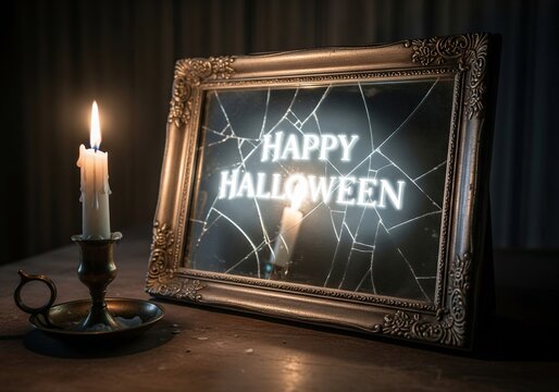 Spooky halloween message glowing through a cracked antique mirror illuminated by candlelight - Powered by Adobe