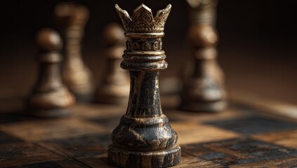 Close-up of a dark-stained wooden chess queen, standing out against a blurred background of other pieces on a checkered board