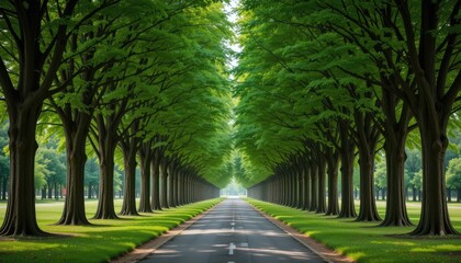 Obraz premium Majestic Tree-Lined Avenue Leading to a Distant Horizon Under Soft Sunlight