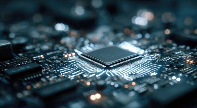 Close-up of a central processing unit (CPU) on a circuit board, highlighted with glowing blue-white lines - Powered by Adobe