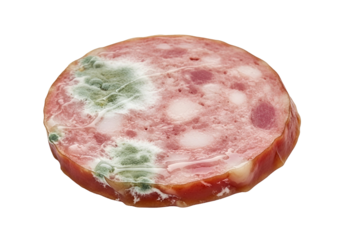 Close-up view of a slice of cured meat with visible mold growth, highlighting the contrast between the healthy and spoiled areas.