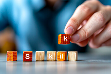 Hand Arranging Wooden Cubes Spelling Skill on a Grey Surface