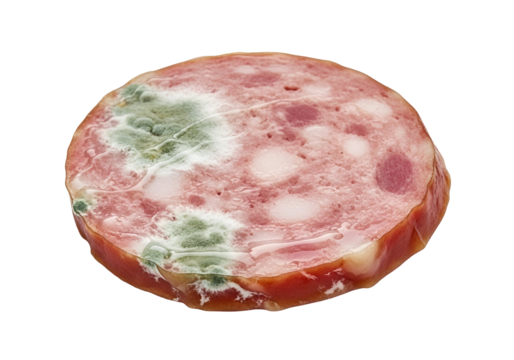 Close-up view of a slice of cured meat with visible mold growth, highlighting the contrast between the healthy and spoiled areas.