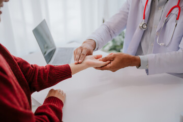 Fototapeta premium Medicine doctor do physical exam patient with blood pressure instument in examination room hospital.