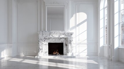 Fototapeta premium Elegant Marble Fireplace in Sunlit White Room