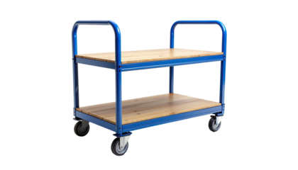Trolley cart with blue metal frame industrial transport equipment storage carrier isolated on white background