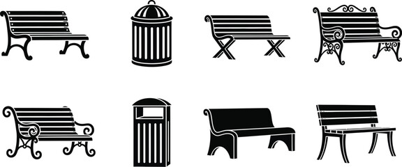 Park benches and trash cans vector illustration collection
