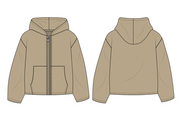 Kangaroo Pocket Modern Grey Sweatshirt with Hood -Clothing Flat Drawing. Hoodie Template for Apparel Design - Technical Fashion Sketch. Hoodie Fashion Flat Sketch with Zipper and Pocket. Boys hoodie © Abdullah