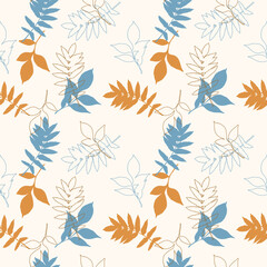 Bright autumn, beautiful pattern with falling leaves, silhouettes of leaves on a soft cream background. Autumn vibe.