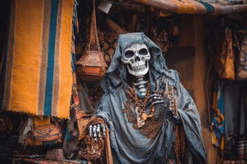 Skeleton wearing a hooded cloak and necklaces in a market stall