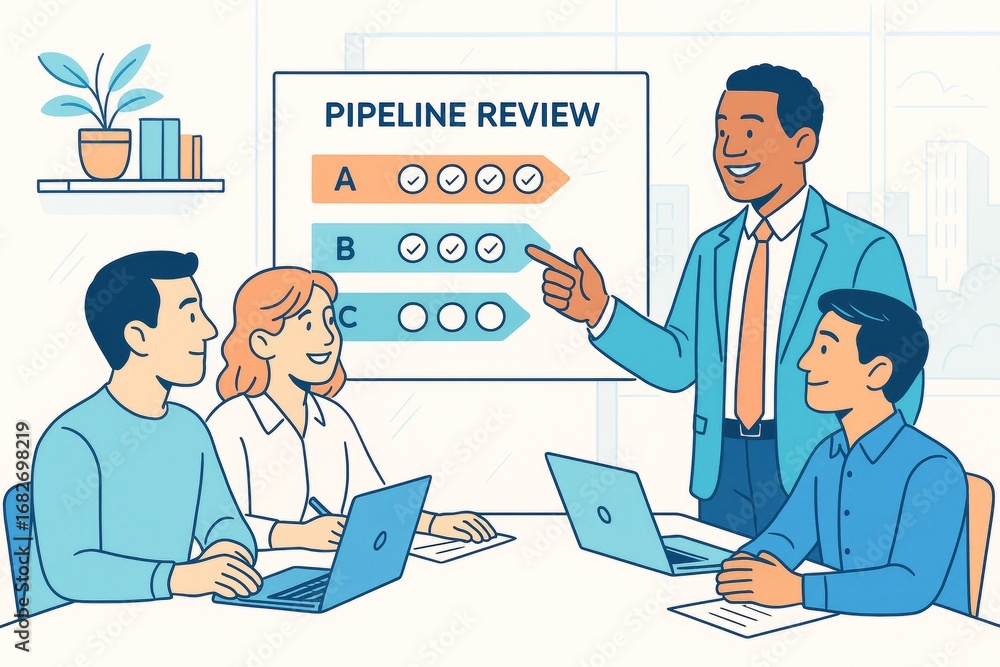Aufkleber business team discussing pipeline review during a meeting with laptops and charts in a modern office
