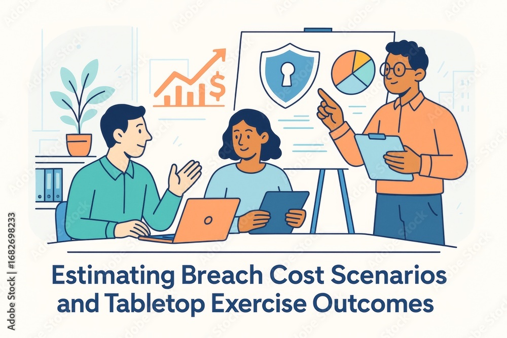 Aufkleber business team discusses breach cost scenarios with creative charts and data analysis on light backgr