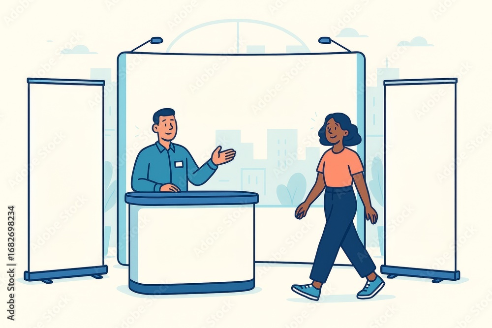 Poster blank exhibition booth mockup with smiling man behind counter and woman approaching on bright backgr