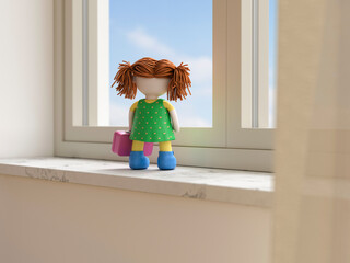 3d symbolic rendering of doll with suitcase by window evoking vacation longing