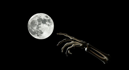 A skeletal hand reaching out to touch the luminous full moon against a stark black backdrop isolated on white background