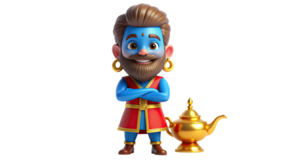 3d cartoon illustration of cheerful smiling blue genie character with magical expression isolated on white background