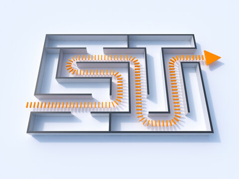 Arrow and path showing solution strategy in 3d maze rendering