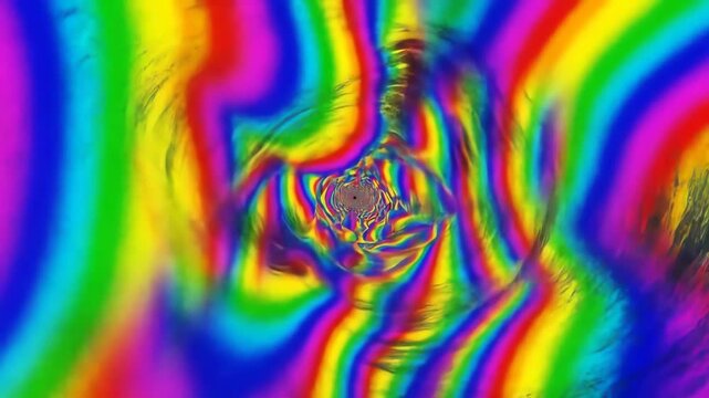 Flying through a trippy psychedelic wormhole with distorted wavy rainbow colors seamless loop animation