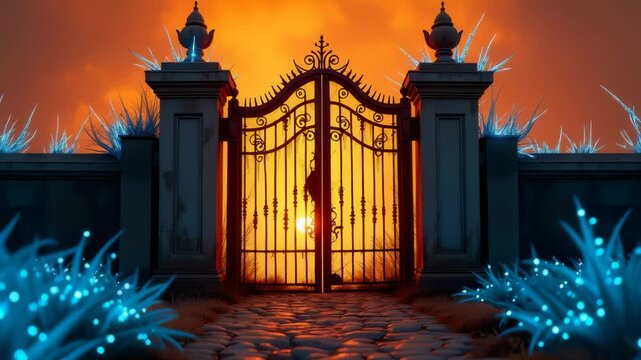 Cobblestone Path to Ornate Gate with Glowing Blue Plants and Orange Sunset