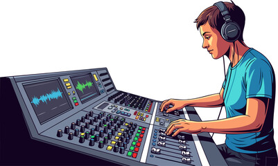 audio engineers focused passion mastering the mix, sound technician at work, isolated on transparent background