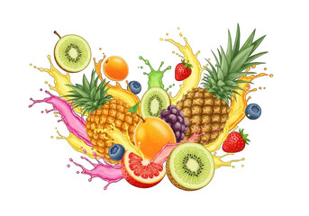 Fresh fruits with colorful splashes on transparent background