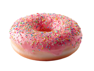  Front View of Pink Frosted Donut with Colorful Sprinkles, 3D Rendered, Isolated on Transparent Background  