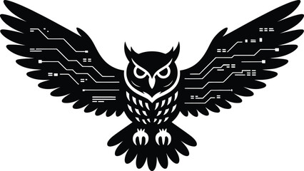 Obraz premium Futuristic electronic owl with circuit board wings silhouette