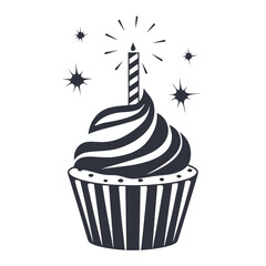 Cupcake Silhouette with Striped Candle and Sparkles on White Background