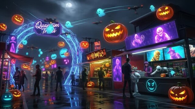 A futuristic Halloween street market with holographic pumpkins and candy drones.
