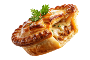 Australia meat pie with minced beef and gravy and crisp flaky crust, isolated on white transparent background. Concept of homemade comfort food