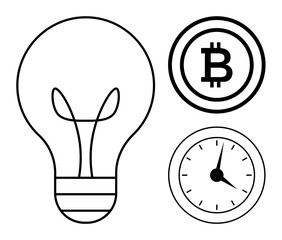 Light bulb representing ideas, Bitcoin logo symbolizing cryptocurrency, and clock denoting time management. Ideal for innovation, finance, technology, productivity, planning, creativity abstract