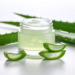Jar of natural aloe vera gel with fresh aloe leaves – organic skincare and soothing beauty product, studio shot on clean background