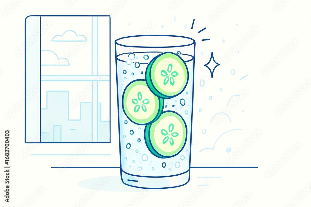 Poster refreshing cucumber water with fizzy bubbles in a glass, drawn in a clean line style with abstract l