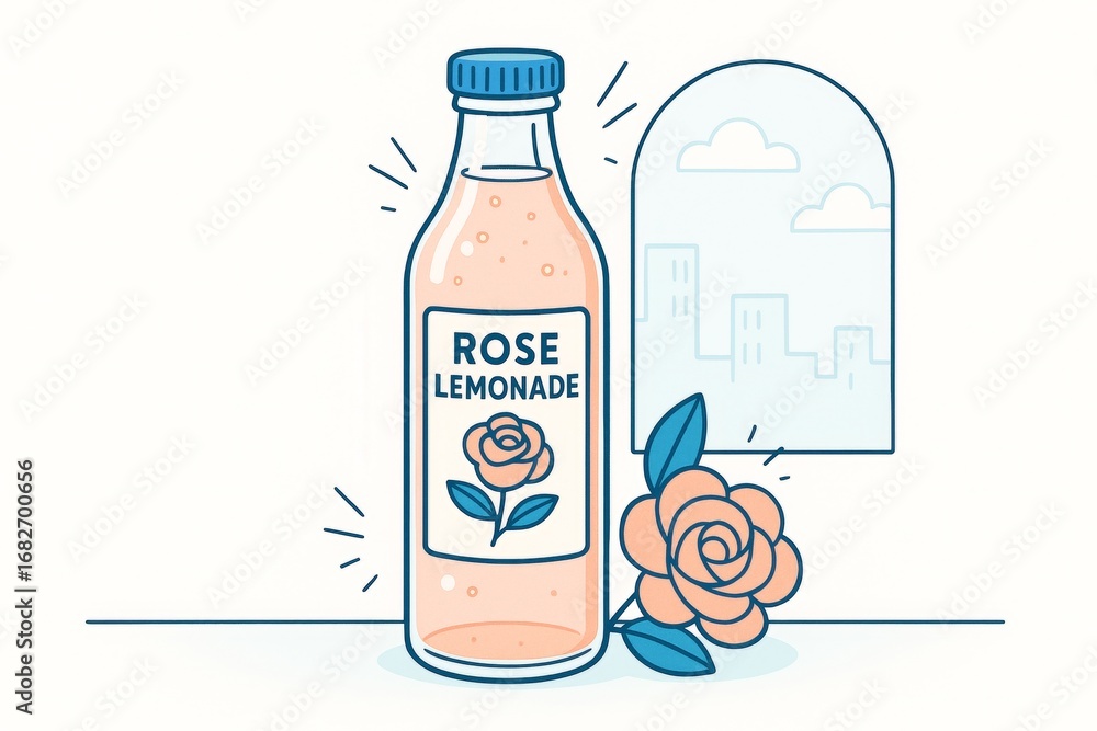 Poster Rose lemonade bottle with flower and window in abstract light background minimal design concept for refreshing floral drinks product ad. Ai generative