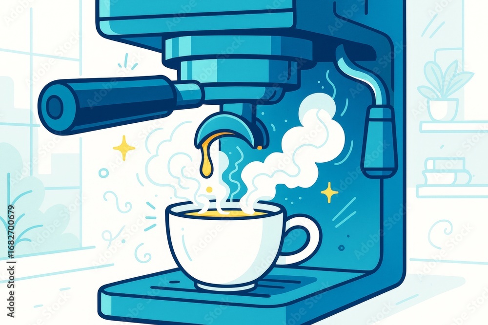 Poster coffee machine brewing hot espresso into a cup with steam and sparkles in a bright kitchen setting w