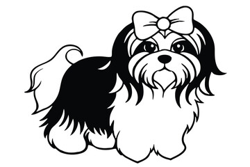 Art of Adorable Shih Tzu Puppy Dog with Bow Isolated on White Background