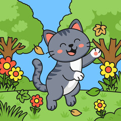 Cartoon Cat Playing in a Field of Flowers