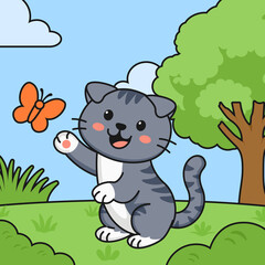 Cartoon Kitten Playing with Butterfly Illustration