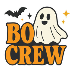 Retro ghost and bat Halloween graphic with B O C R E W text boo crew