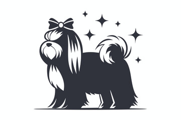 Elegant Yorkshire Terrier Silhouette with Bow in Black and White on White