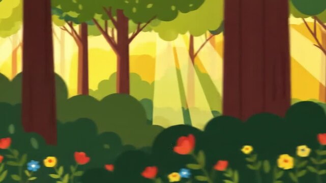 Sunny stylized forest scene with trees, light rays, flowers, and greenery